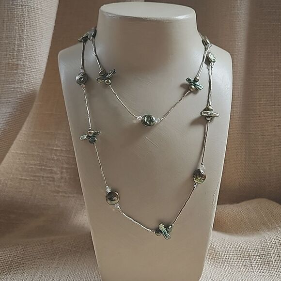 Long 40" Liquid Silver, Crystal and Pearlized Shell Necklace - Iridescent Green - Picture 1 of 8